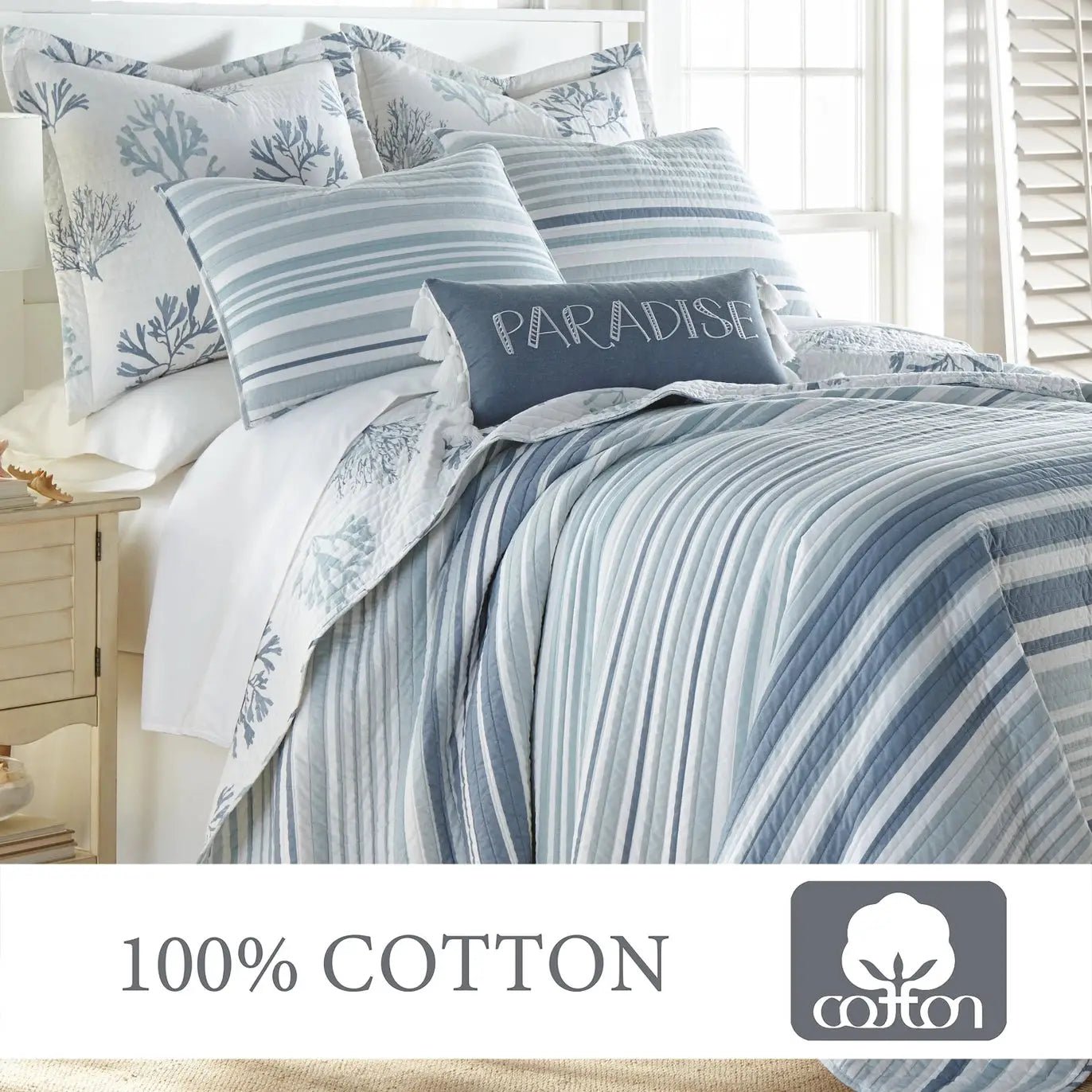 Truro Quilt Set - 100% Cotton Beautiful Coastal Bedding Set - Blue - Quahog Bay Bedding