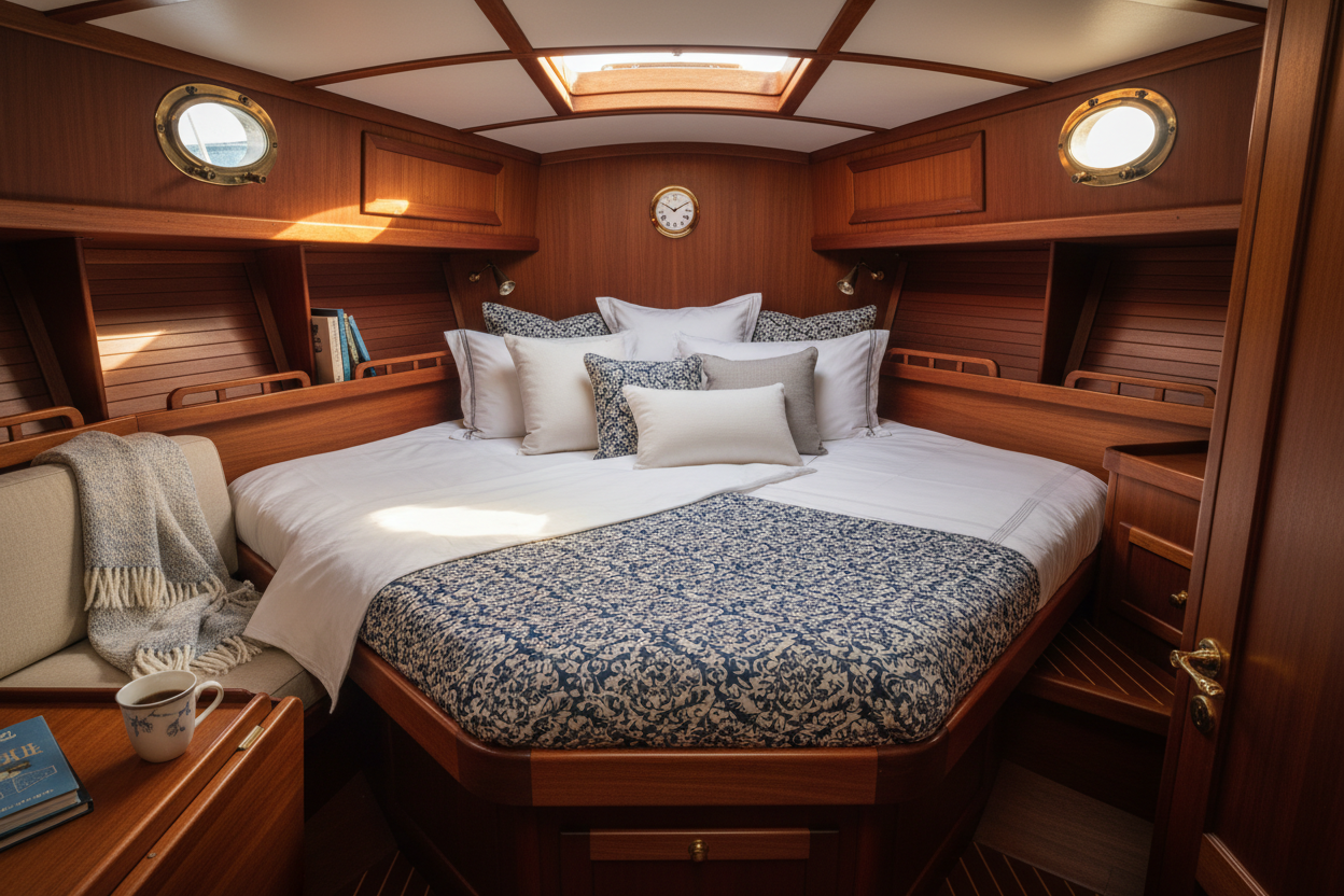 V berth boat cabin with luxury bedding