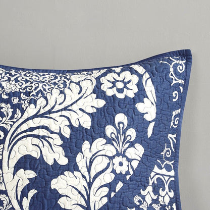 Vienna 6 Piece Printed Cotton Quilt Set with Throw Pillows - Indigo - Quahog Bay Bedding