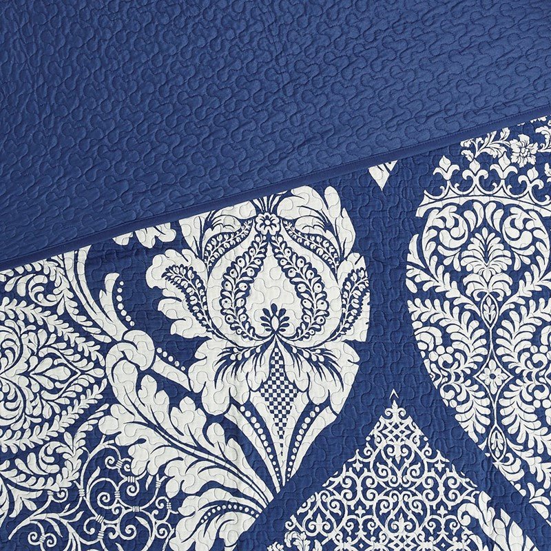 Vienna 6 Piece Printed Cotton Quilt Set with Throw Pillows - Indigo - Quahog Bay Bedding