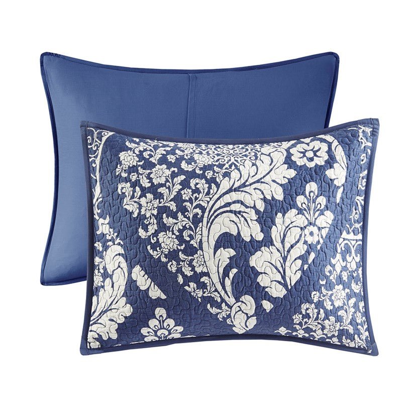 Vienna 6 Piece Printed Cotton Quilt Set with Throw Pillows - Indigo - Quahog Bay Bedding