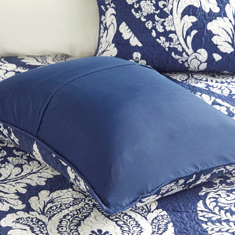 Vienna 6 Piece Printed Cotton Quilt Set with Throw Pillows - Indigo - Quahog Bay Bedding