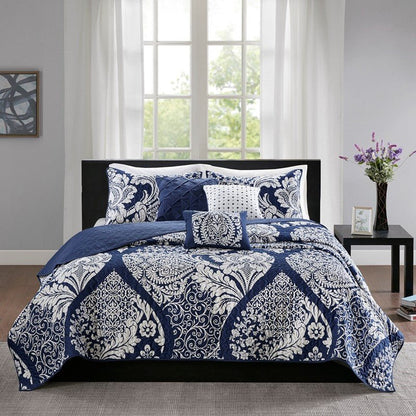 Vienna 6 Piece Printed Cotton Quilt Set with Throw Pillows - Indigo - Quahog Bay Bedding