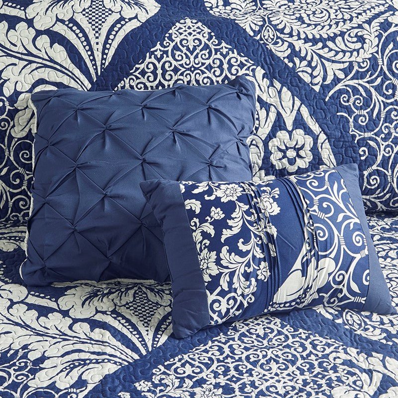 Vienna 6 Piece Printed Cotton Quilt Set with Throw Pillows - Indigo - Quahog Bay Bedding