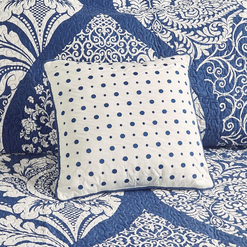 Vienna 6 Piece Printed Cotton Quilt Set with Throw Pillows - Indigo - Quahog Bay Bedding