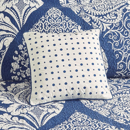 Vienna 6 Piece Printed Cotton Quilt Set with Throw Pillows - Indigo - Quahog Bay Bedding
