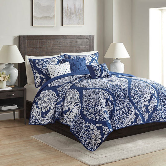 Vienna 6 Piece Printed Cotton Quilt Set with Throw Pillows - Indigo - Quahog Bay Bedding