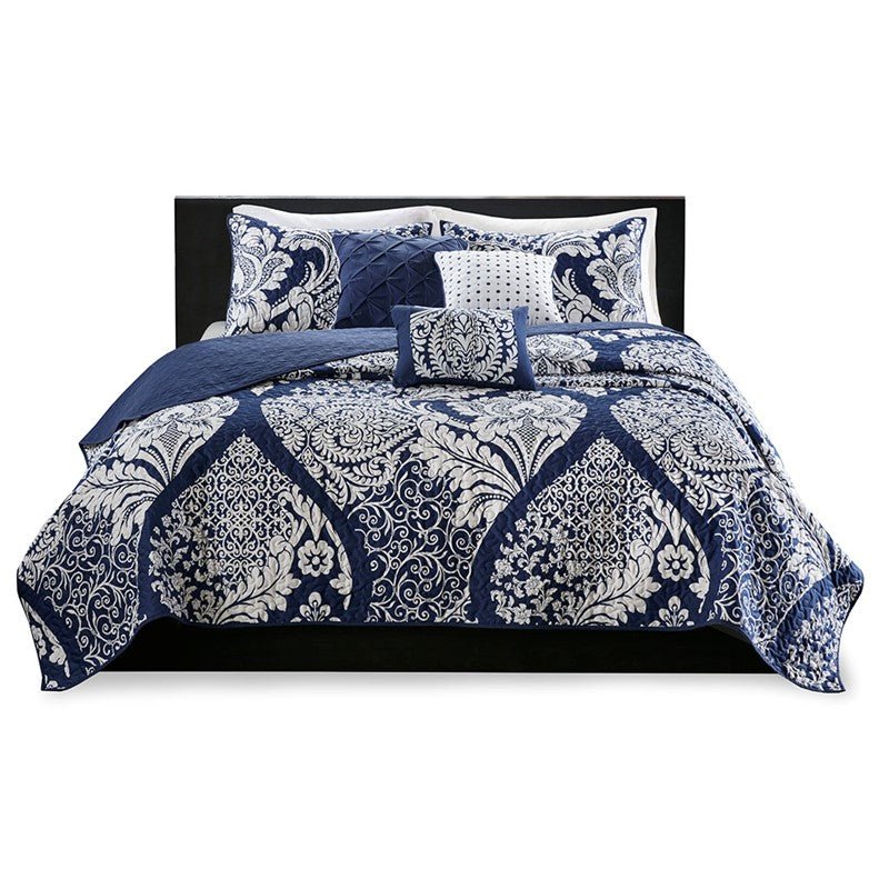 Vienna 6 Piece Printed Cotton Quilt Set with Throw Pillows - Indigo - Quahog Bay Bedding