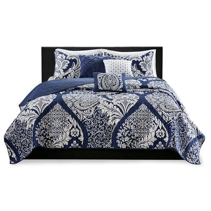 Vienna 6 Piece Printed Cotton Quilt Set with Throw Pillows - Indigo - Quahog Bay Bedding