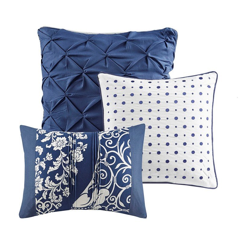 Vienna 6 Piece Printed Cotton Quilt Set with Throw Pillows - Indigo - Quahog Bay Bedding