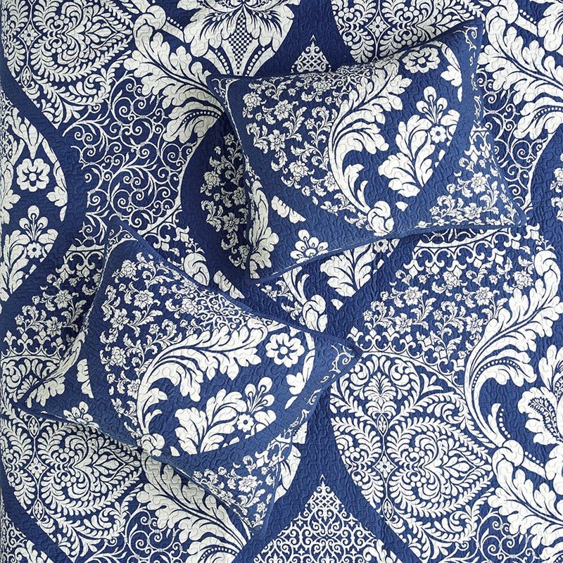 Vienna 6 Piece Printed Cotton Quilt Set with Throw Pillows - Indigo - Quahog Bay Bedding