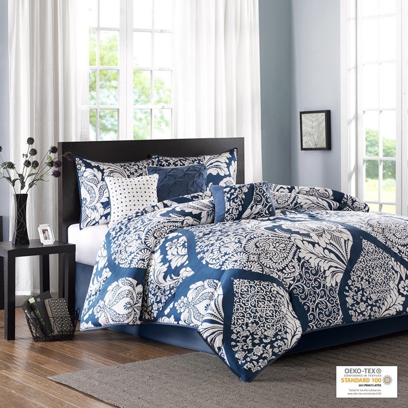 Vienna 7 Piece Cotton Printed Comforter Set - Indigo - Quahog Bay Bedding