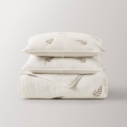 Willow Embroidered Botanical 100% Cotton Lightweight Quilt Set | White & Grey - Quahog Bay Bedding