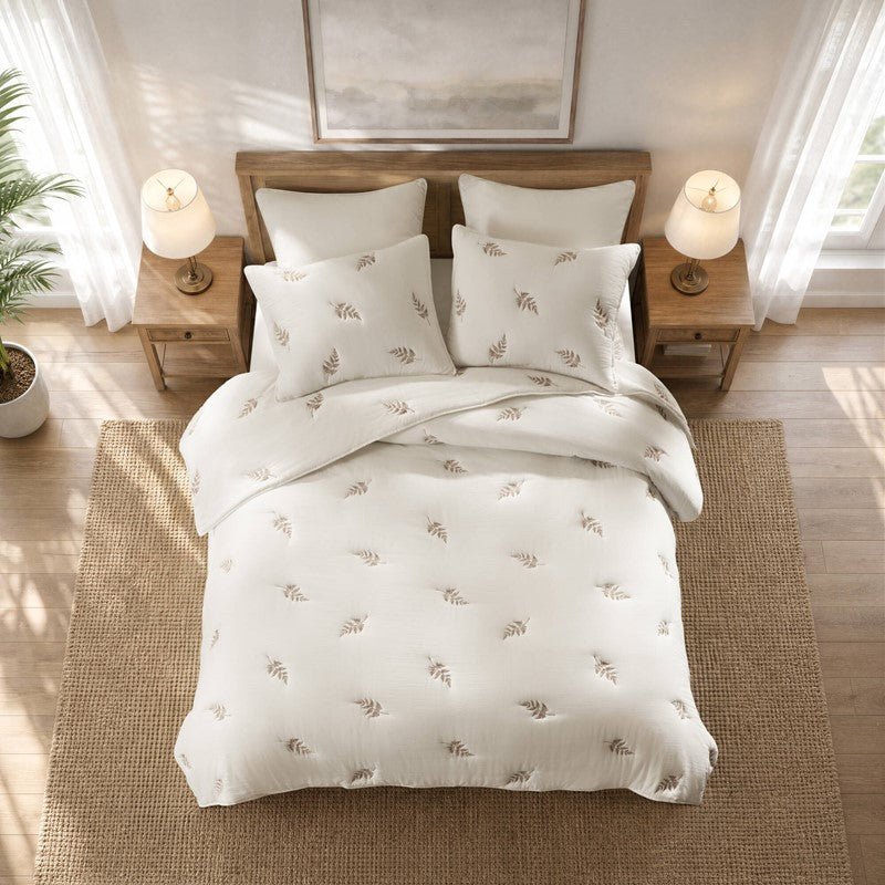 Willow Embroidered Botanical 100% Cotton Lightweight Quilt Set | White & Grey - Quahog Bay Bedding