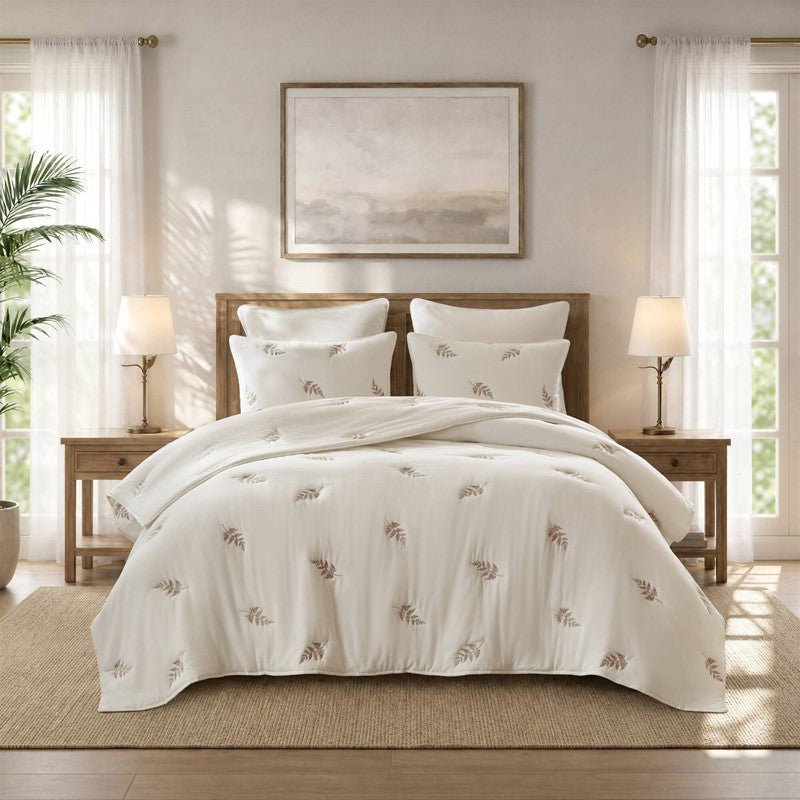Willow Embroidered Botanical 100% Cotton Lightweight Quilt Set | White & Grey - Quahog Bay Bedding