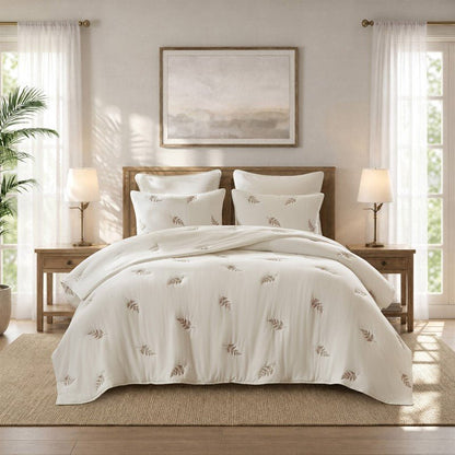 Willow Embroidered Botanical 100% Cotton Lightweight Quilt Set | White & Grey - Quahog Bay Bedding