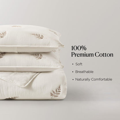 Willow Embroidered Botanical 100% Cotton Lightweight Quilt Set | White & Grey - Quahog Bay Bedding