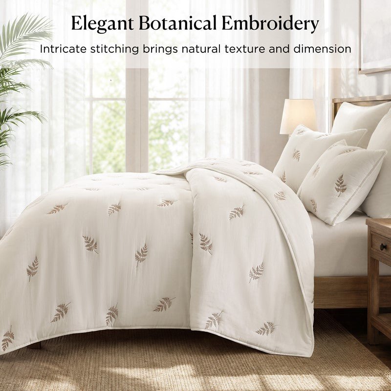 Willow Embroidered Botanical 100% Cotton Lightweight Quilt Set | White & Grey - Quahog Bay Bedding