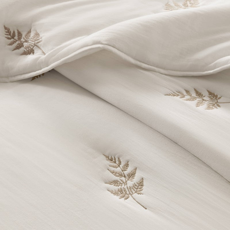 Willow Embroidered Botanical 100% Cotton Lightweight Quilt Set | White & Grey - Quahog Bay Bedding