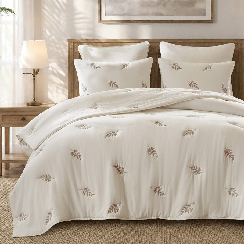 Willow Embroidered Botanical 100% Cotton Lightweight Quilt Set | White & Grey - Quahog Bay Bedding