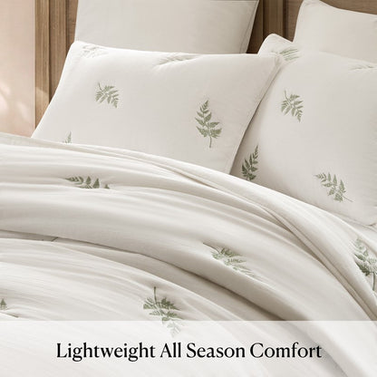 Willow Embroidered Botanical 100% Cotton Lightweight Quilt Set | White & Sage - Quahog Bay Bedding