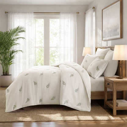 Willow Embroidered Botanical 100% Cotton Lightweight Quilt Set | White & Sage - Quahog Bay Bedding