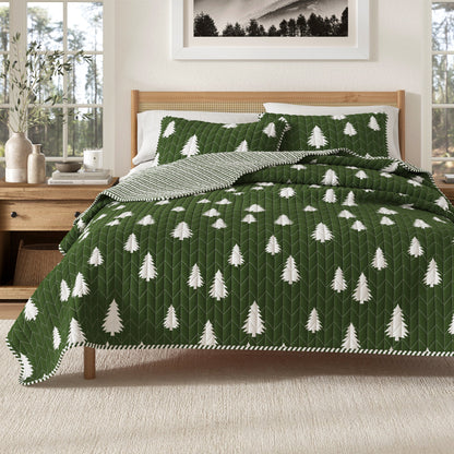 Lodge Printed Quilt - Olive Green With Tree Outlines - Fall & Holiday Themed Bedding