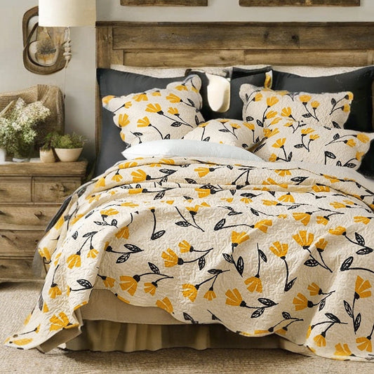 Yellow Floral Scalloped Bedspread Set - Scalloped Edge Bedding - Quahog Bay Bedding