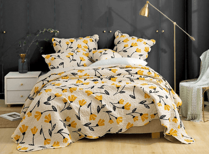 Yellow Floral Scalloped Bedspread Set - Scalloped Edge Bedding - Quahog Bay Bedding