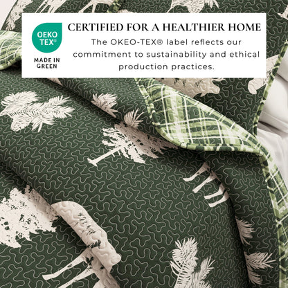 Lodge Quilt - Green With Deer, Moose, Trees - Fall Themed Bedding