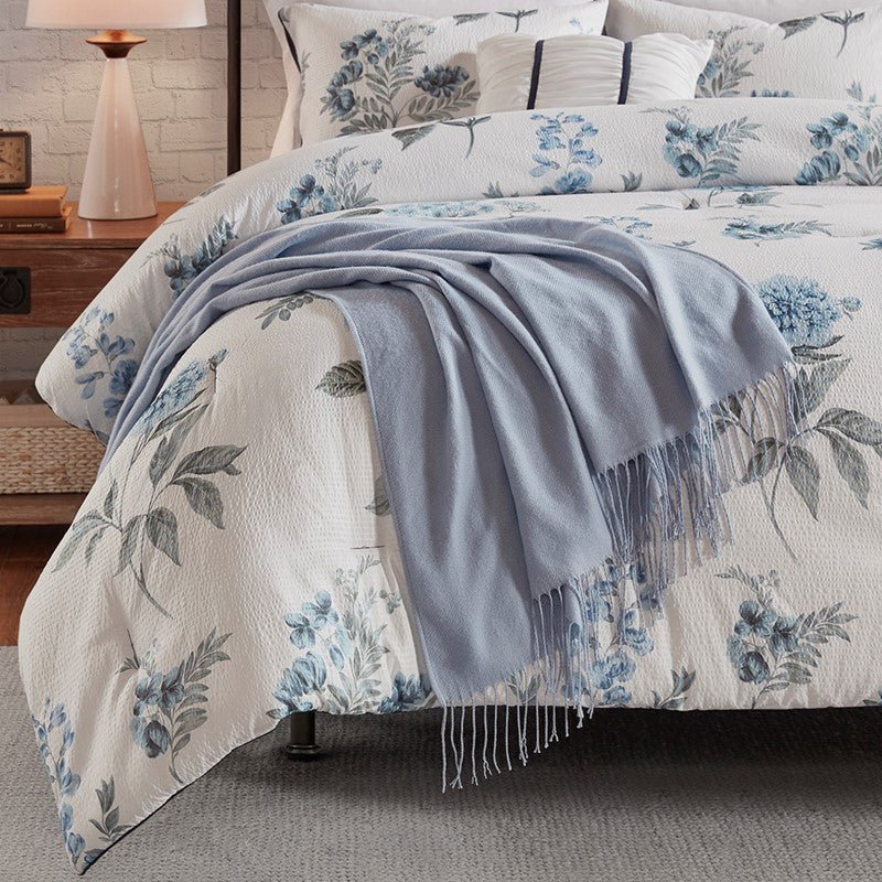 Zennia 7PC Farmhouse Floral Comforter Set with Throw Blanket - Blue - Quahog Bay Bedding