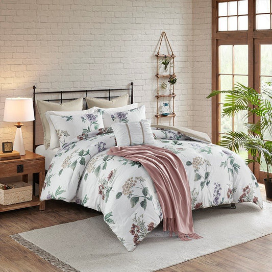 Zennia 7PC Farmhouse Floral Comforter Set with Throw Blanket - Taupe/Blush - Quahog Bay Bedding