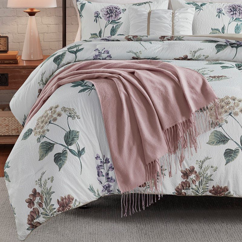 Zennia 7PC Farmhouse Floral Comforter Set with Throw Blanket - Taupe/Blush - Quahog Bay Bedding